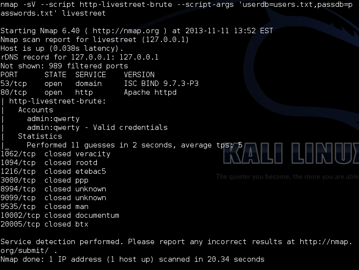Отчет Nmap-скрипта для брута пользователей LiveStreet CMS