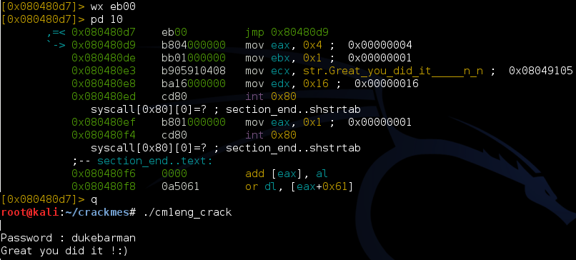 Удачный патчинг crackme